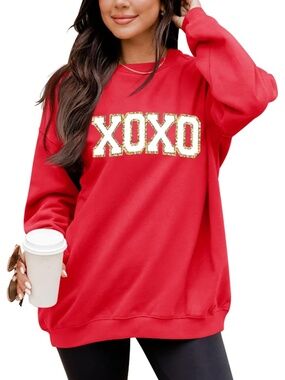 Women Red XOXO Oversized Crewneck Long Sleeve Christmas Pullover Sweatshirt